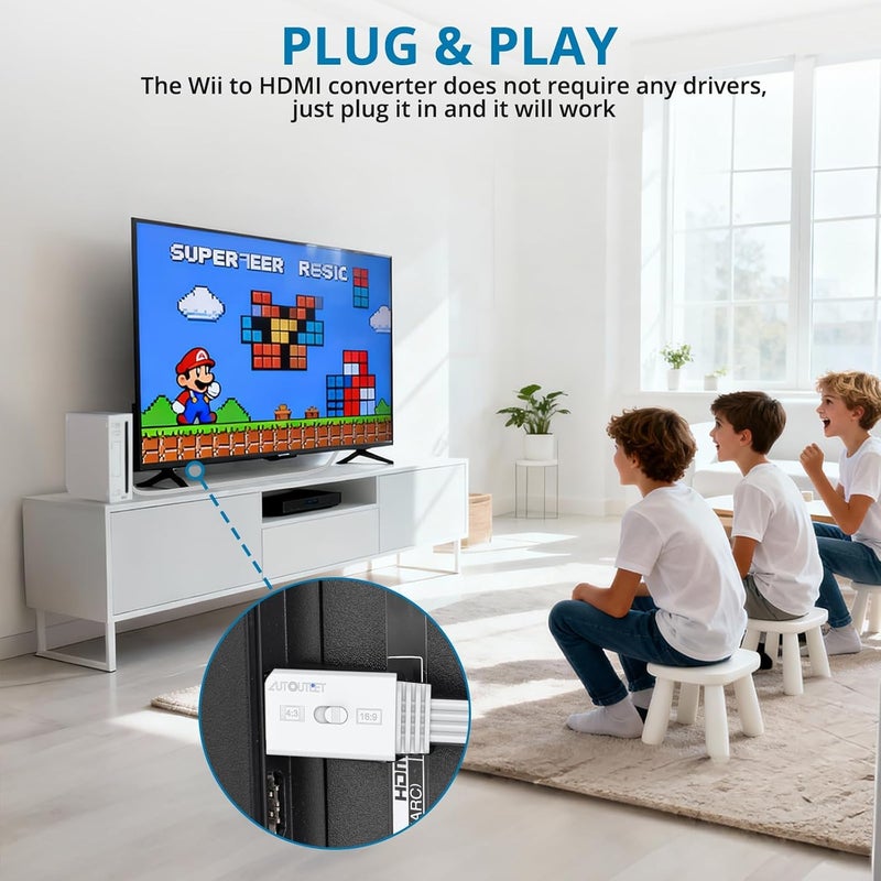 AUTOUTLET محول AUTOUTELET Wii إلى HDMI، مع مفتاح نسبة العرض إلى الارتفاع 4:3/16:9، محول HDMI Wii بدقة 1080P يدعم جميع أوضاع عرض Wii، متوافق مع Nintendo Wii وWii U لشاشات التلفاز عالية الدقة، والشاشات - Image 4